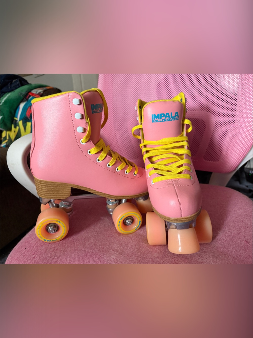 Impala Quad Roller Skates - Pink w/ Yellow Laces